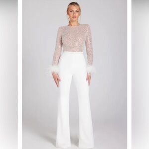 WORN 1 x , Nadine Merabi jumpsuit, feather cuff, sequin beaded top wide leg pant